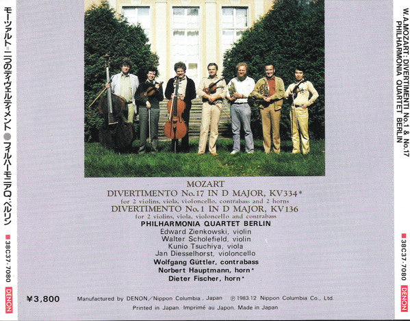 Wolfgang Amadeus Mozart, Philharmonia Quartett Berlin, Wolfgang Güttler, Norbert Hauptmann, Dieter Fischer : Divertimenti Nos. 1 & 17 In D Major (CD)