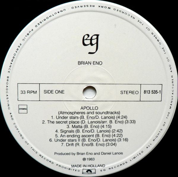 Brian Eno With Daniel Lanois & Roger Eno : Apollo - Atmospheres & Soundtracks (LP, Album)