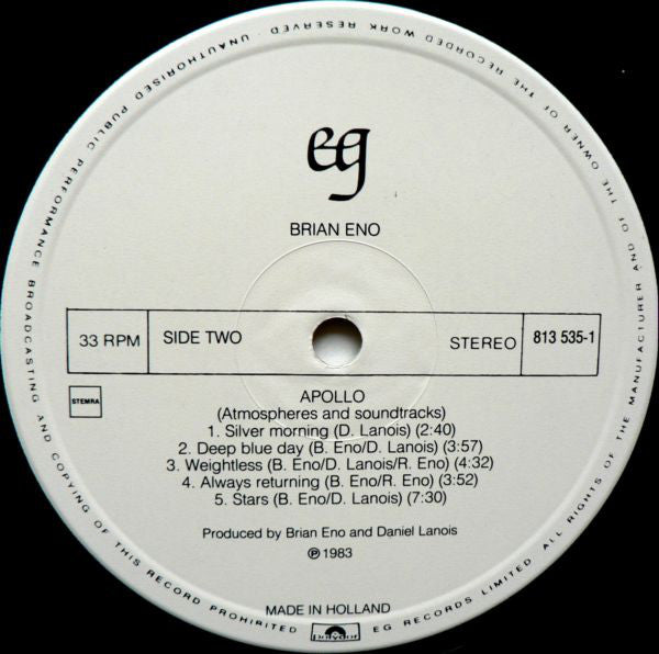 Brian Eno With Daniel Lanois & Roger Eno : Apollo - Atmospheres & Soundtracks (LP, Album)