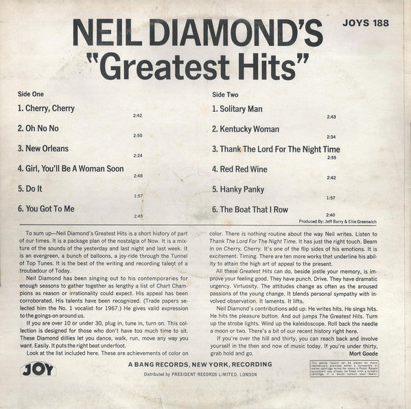 Neil Diamond : Neil Diamond's Greatest Hits (LP, Comp, RE, RM, Red)