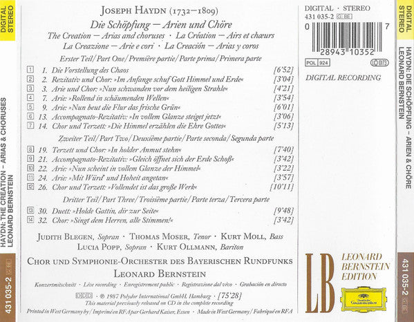 Joseph Haydn : Leonard Bernstein · Judith Blegen · Thomas Moser · Kurt Moll · Lucia Popp · Kurt Ollmann · Chor Des Bayerischen Rundfunks & Symphonie-Orchester Des Bayerischen Rundfunks : Die Schöpfung - Arien & Chöre • The Creation - Arias & Choruses (CD)