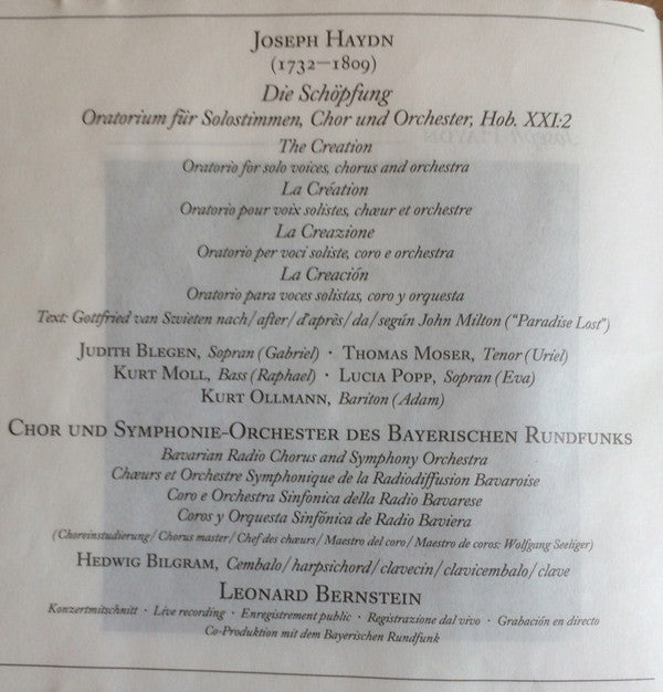 Joseph Haydn : Leonard Bernstein · Judith Blegen · Thomas Moser · Kurt Moll · Lucia Popp · Kurt Ollmann · Chor Des Bayerischen Rundfunks & Symphonie-Orchester Des Bayerischen Rundfunks : Die Schöpfung - Arien & Chöre • The Creation - Arias & Choruses (CD)