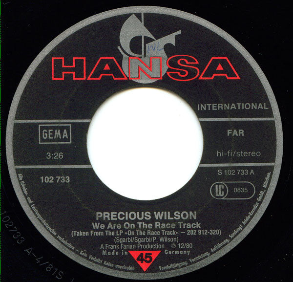 Precious Wilson : We Are On The Race Track / Mr. Pilot Man (7", Single)