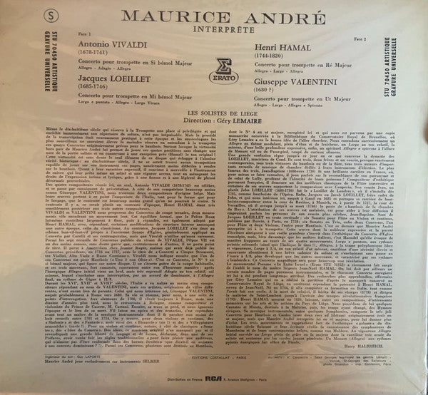 Maurice André - Antonio Vivaldi - Giuseppe Valentini - Jacques Loeillet - Henri Hamal - Les Solistes De Liège / Géry Lemaire : Maurice André Interprète A. Vivaldi - G. Valentini - J. Loeillet - H. Hamal (LP)
