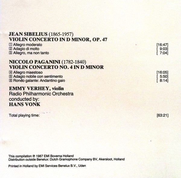 Jean Sibelius, Niccolò Paganini - Emmy Verhey, Radio Filharmonisch Orkest, Hans Vonk : Violin Concertos (CD, Album, Comp)