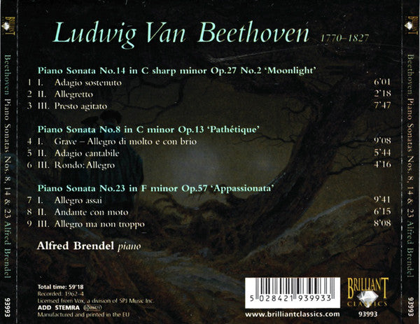 Ludwig van Beethoven / Alfred Brendel : Piano Sonatas 'Pathétique', 'Moonlight' & 'Appassionata' (CD, Album)
