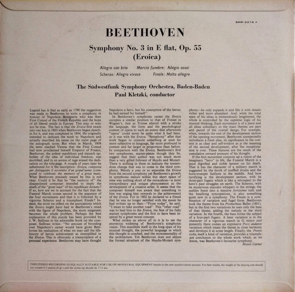 Ludwig van Beethoven, Südwestfunkorchester Baden-Baden · Paul Kletzki : Eroica Symphony (Symphony No. 3 In E Flat, Op. 55) (LP)