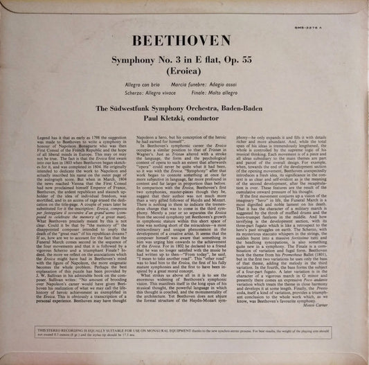 Ludwig van Beethoven, Südwestfunkorchester Baden-Baden · Paul Kletzki : Eroica Symphony (Symphony No. 3 In E Flat, Op. 55) (LP)