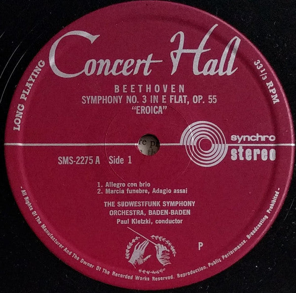 Ludwig van Beethoven, Südwestfunkorchester Baden-Baden · Paul Kletzki : Eroica Symphony (Symphony No. 3 In E Flat, Op. 55) (LP)