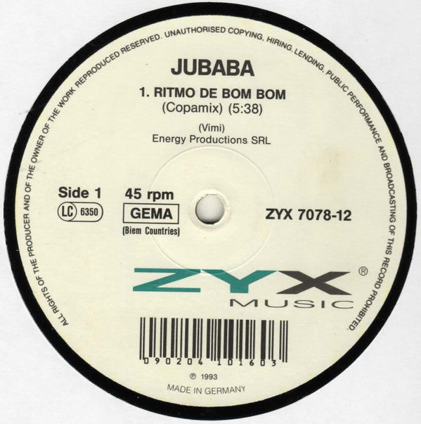 Jubaba : Ritmo De Bom Bom (12", Maxi)