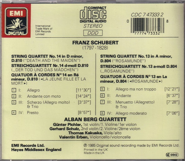 Franz Schubert - Alban Berg Quartett : Streichquartette/String Quartets No.14 "Der Tod Und Das Mädchen" / No.13 "Rosamunde" (CD, RE)
