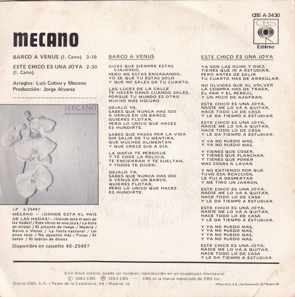 Mecano : Barco A Venus (7", Single)