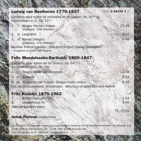 Itzhak Perlman - Ludwig van Beethoven / Felix Mendelssohn-Bartholdy / Fritz Kreisler : Concerto Pour Vioolconcert / Schön Rosmarin / Liebesfreud (CD, Comp)