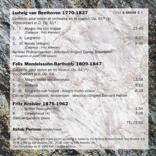 Itzhak Perlman - Ludwig van Beethoven / Felix Mendelssohn-Bartholdy / Fritz Kreisler : Concerto Pour Vioolconcert / Schön Rosmarin / Liebesfreud (CD, Comp)