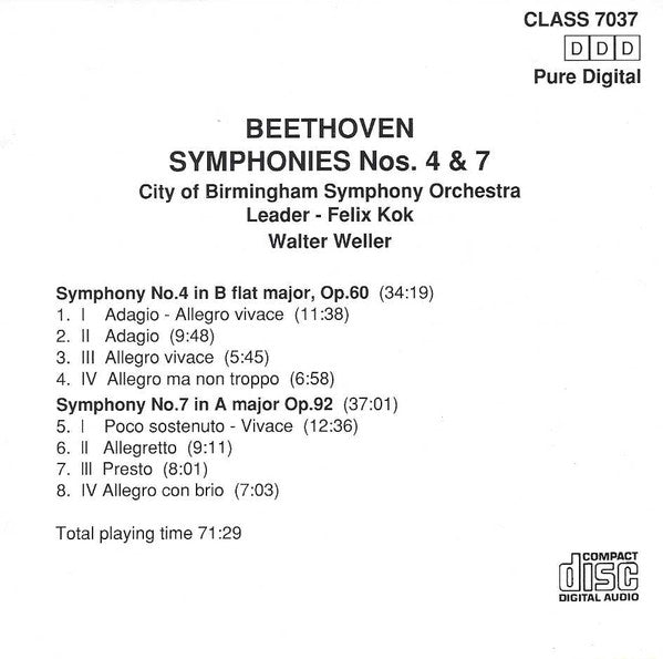 Ludwig van Beethoven, City Of Birmingham Symphony Orchestra, Walter Weller : Symphony No. 4 / Symphony No. 7 (CD, RE)