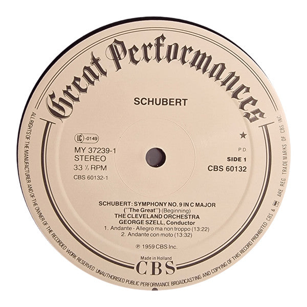 Franz Schubert, George Szell, The Cleveland Orchestra : "Great" Symphony No. 9 In C-Major (LP, Album)