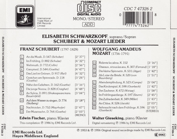 Elisabeth Schwarzkopf, Franz Schubert, Wolfgang Amadeus Mozart, Edwin Fischer, Walter Gieseking : Schubert Mozart Lieder (CD, Comp)