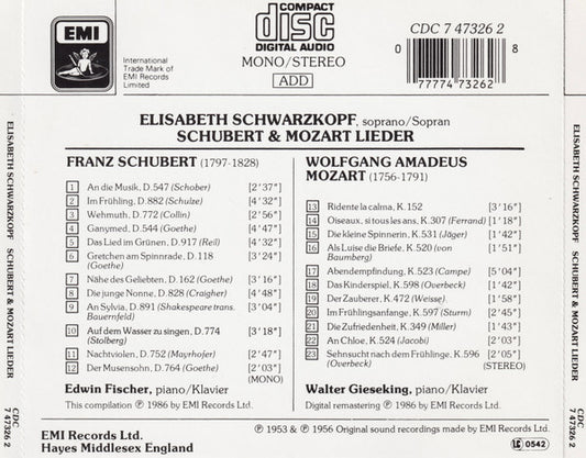 Elisabeth Schwarzkopf, Franz Schubert, Wolfgang Amadeus Mozart, Edwin Fischer, Walter Gieseking : Schubert Mozart Lieder (CD, Comp)