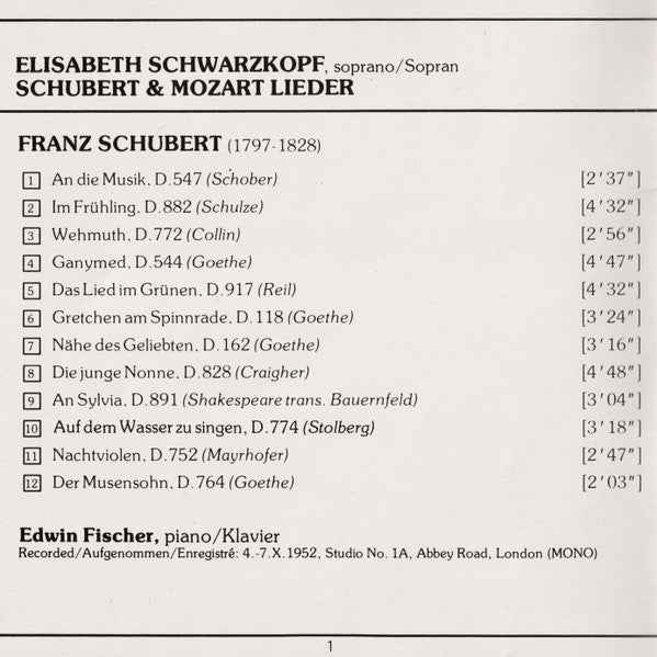 Elisabeth Schwarzkopf, Franz Schubert, Wolfgang Amadeus Mozart, Edwin Fischer, Walter Gieseking : Schubert Mozart Lieder (CD, Comp)