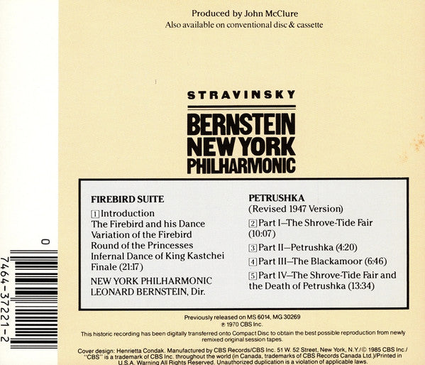 Igor Stravinsky / Leonard Bernstein / New York Philharmonic : Firebird Suite / Petrushka (Complete) (CD, Album, RE, RM)