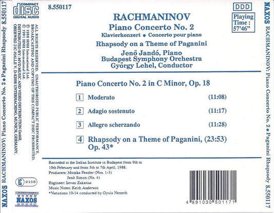 Sergei Vasilyevich Rachmaninoff, Jenö Jandó, Budapest Symphony Orchestra, György Lehel : Piano Concerto No. 2 • Rhapsody On A Theme Of Paganini (CD, Album, RE)
