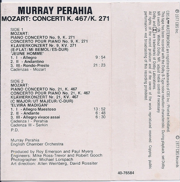 Murray Perahia, Wolfgang Amadeus Mozart, English Chamber Orchestra : Mozart Concerti, No. 21, K. 467, C Major, No. 9, K.271 E Flat (Cass, Dol)