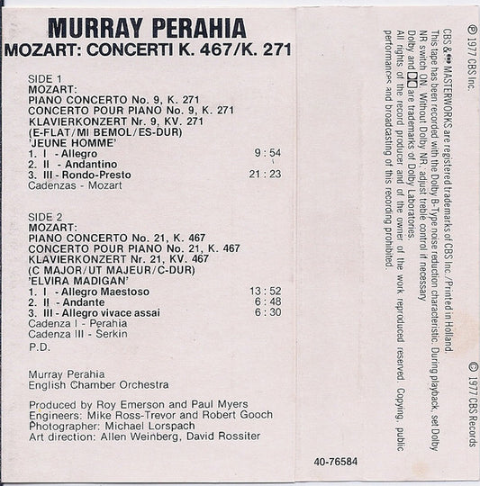 Murray Perahia, Wolfgang Amadeus Mozart, English Chamber Orchestra : Mozart Concerti, No. 21, K. 467, C Major, No. 9, K.271 E Flat (Cass, Dol)