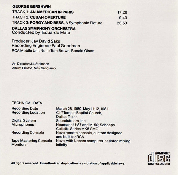 George Gershwin, Eduardo Mata, Dallas Symphony Orchestra : An American In Paris, Porgy And Bess: A Symphonic Picture, Cuban Overture. (CD)