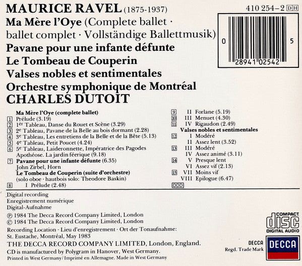 Maurice Ravel, Orchestre Symphonique De Montréal, Charles Dutoit : Ma Mère L'Oye - Pavane Pour Une Infante Défunte - Le Tombeau De Couperin - Valses Nobles Et Sentimentales (CD)