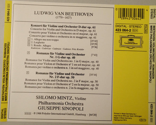 Ludwig van Beethoven - Shlomo Mintz, Giuseppe Sinopoli, Philharmonia Orchestra : Violinkonzert Romanzen (CD)