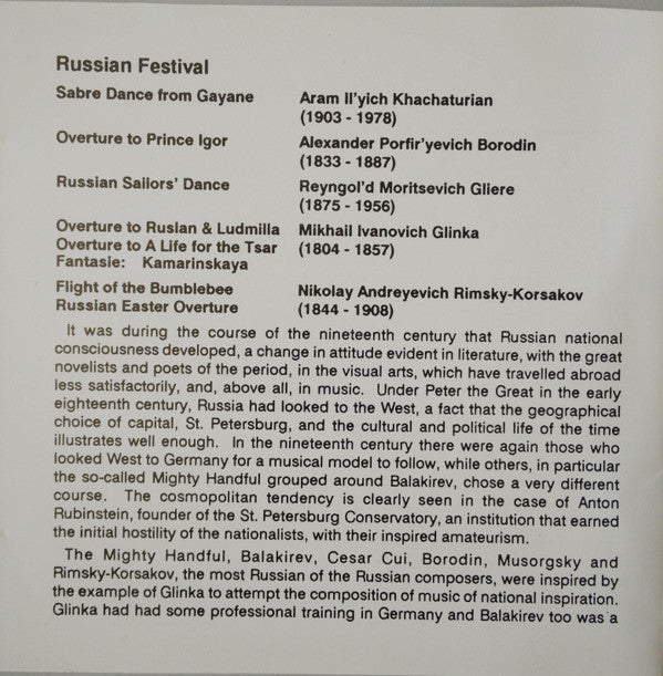 Various - Slovak Radio Symphony Orchestra, Anthony Bramall : Russian Festival (Saber Dance • Prince Igor • Russian Sailor's Dance • Ruslan & Ludmilla • A Life For The Czar • Kamarinskaja • Flight Of The Bumble Bee • Russian Easter Overture) (CD)