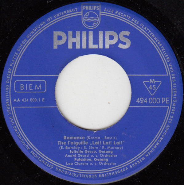 Juliette Gréco - Patachou - Mouloudji - Henri Salvador : Romance - Tire L'Aguille "Lai" "Lai" "Lai" - Elle S'Appelait Marie - L'Abeille Et Le Papillon (7", EP, Comp, Mono)