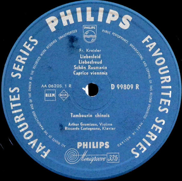 Fritz Kreisler / Niccolò Paganini - Arthur Grumiaux, Riccardo Castagnone : Liebesleid; Liebesfreud; Schön Rosmarin; Caprice Viennois; Tambourin Chinois; I Palpiti; Le Streghe (10", Mono)