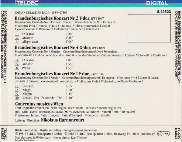 Johann Sebastian Bach : Concentus Musicus Wien, Nikolaus Harnoncourt : Brandenburgische Konzerte Nr. 1∙2∙4 (CD, Album, RE)