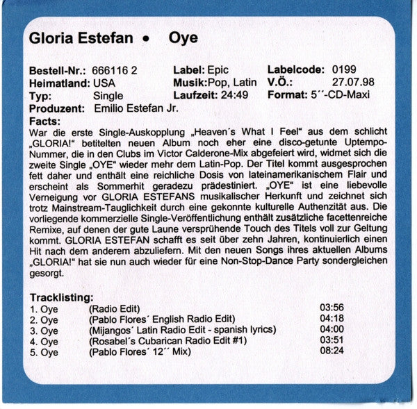 Gloria Estefan : Oye (CD, Maxi)