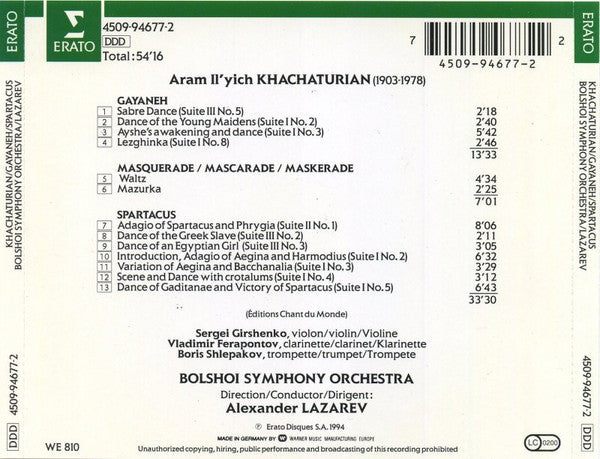 Aram Khatchaturian, Bolshoi Theatre Orchestra, Alexander Lazarev : Gayaneh (Sabre Dance) / Spartacus / Masquerade (Excerpts) (CD, Album)
