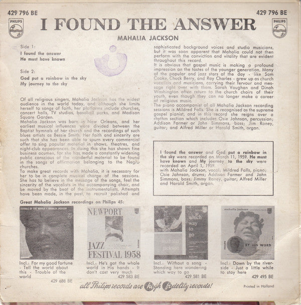 Mahalia Jackson : I Found The Answer (7", EP)