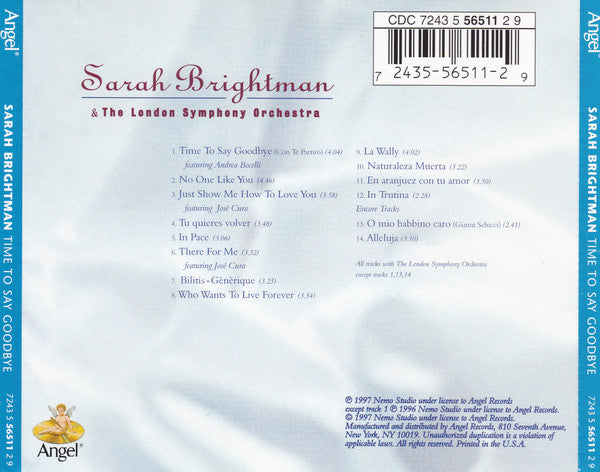 Sarah Brightman & London Symphony Orchestra : Time To Say Goodbye (CD, Album)