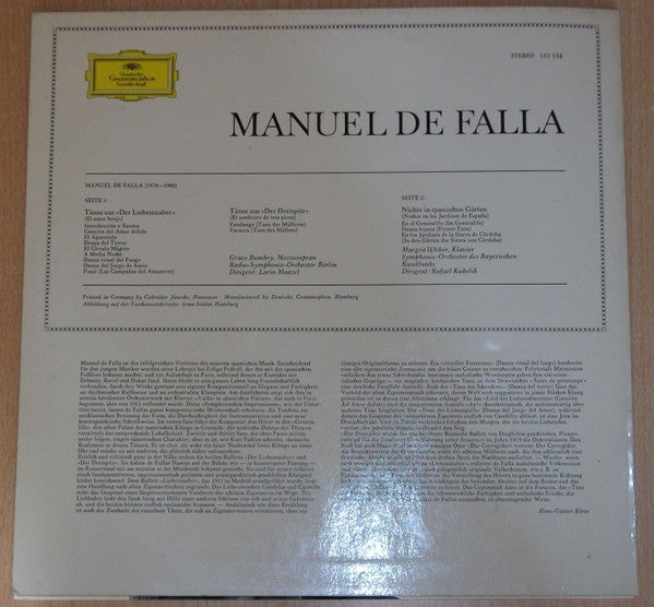 Manuel De Falla, Lorin Maazel, Margrit Weber, Rafael Kubelik : Tänze Aus "Der Liebeszauber", Tänze Aus "Der Dreispitz", Nächte Im Spanischen Garten (LP, Comp)