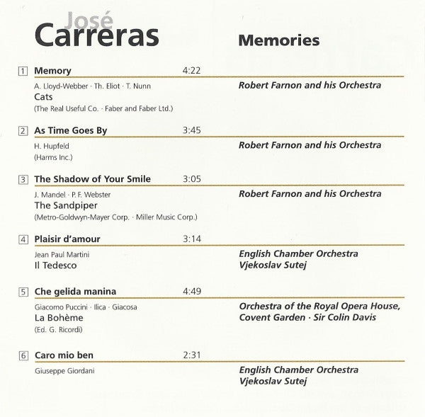 José Carreras : Memories (CD, Comp)