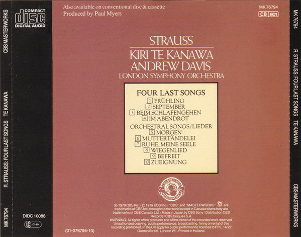 Kiri Te Kanawa, Richard Strauss, Andrew Davis, London Symphony Orchestra : Four Last Songs / Orchestral Songs (CD, RE)