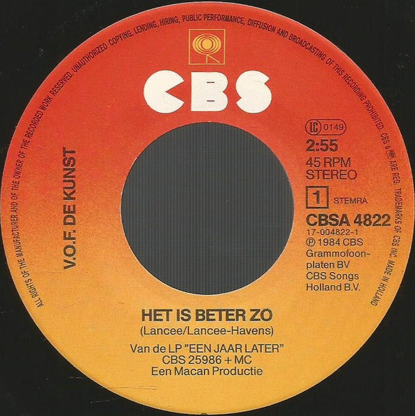 VOF De Kunst : Het Is Beter Zo (7", Single)