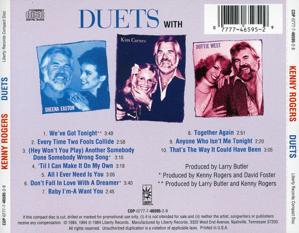 Kenny Rogers With Kim Carnes, Sheena Easton & Dottie West : Duets (CD, Comp)