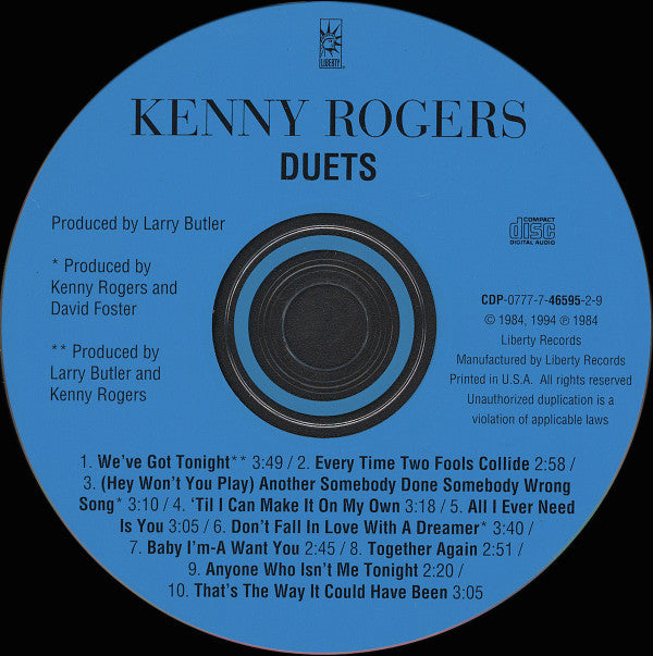 Kenny Rogers With Kim Carnes, Sheena Easton & Dottie West : Duets (CD, Comp)