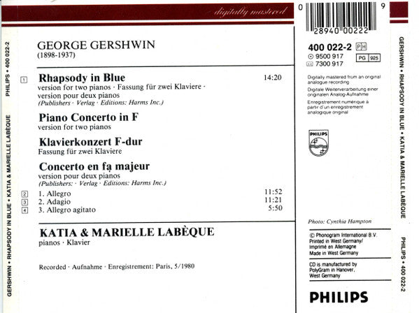 George Gershwin - Katia Et Marielle Labèque : Rhapsody In Blue • Piano Concerto In F (Versions For Two Pianos) (CD, Album, RM)