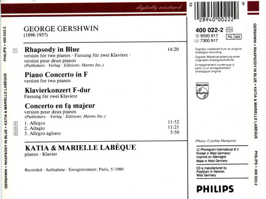 George Gershwin - Katia Et Marielle Labèque : Rhapsody In Blue • Piano Concerto In F (Versions For Two Pianos) (CD, Album, RM)