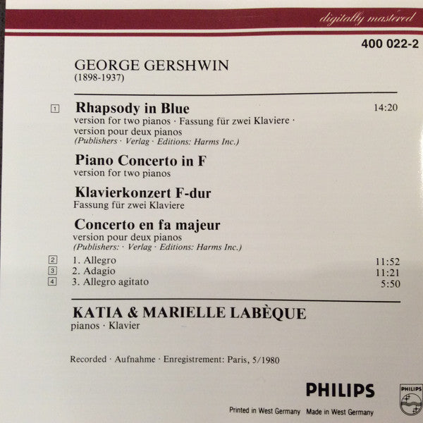 George Gershwin - Katia Et Marielle Labèque : Rhapsody In Blue • Piano Concerto In F (Versions For Two Pianos) (CD, Album, RM)
