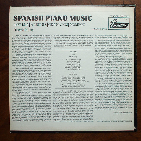 Manuel De Falla / Isaac Albéniz / Enrique Granados / Frederic Mompou - Beatriz Klien : Spanish Piano Music (LP, Album)