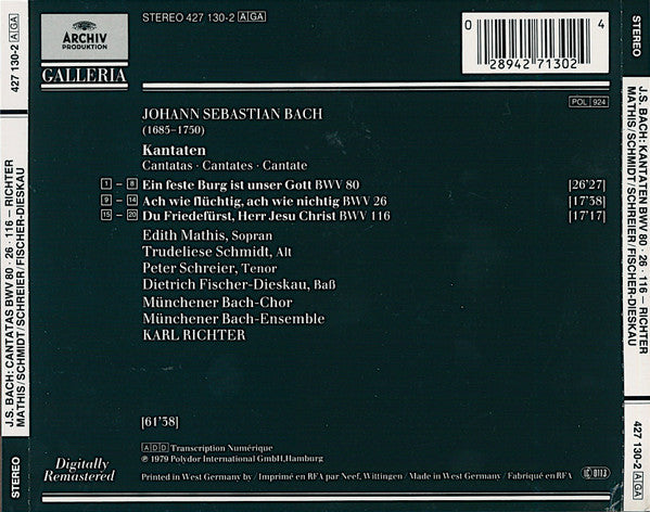 Johann Sebastian Bach - Edith Mathis · Trudeliese Schmidt · Peter Schreier · Dietrich Fischer-Dieskau / Karl Richter : Kantaten - Cantatas BWV 80 / BWV 26 / BWV 116 (CD, Comp, RM)