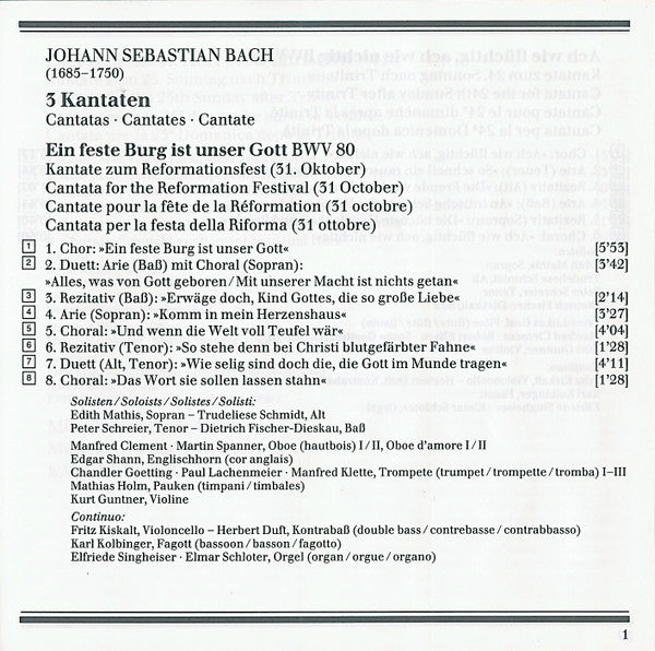 Johann Sebastian Bach - Edith Mathis · Trudeliese Schmidt · Peter Schreier · Dietrich Fischer-Dieskau / Karl Richter : Kantaten - Cantatas BWV 80 / BWV 26 / BWV 116 (CD, Comp, RM)